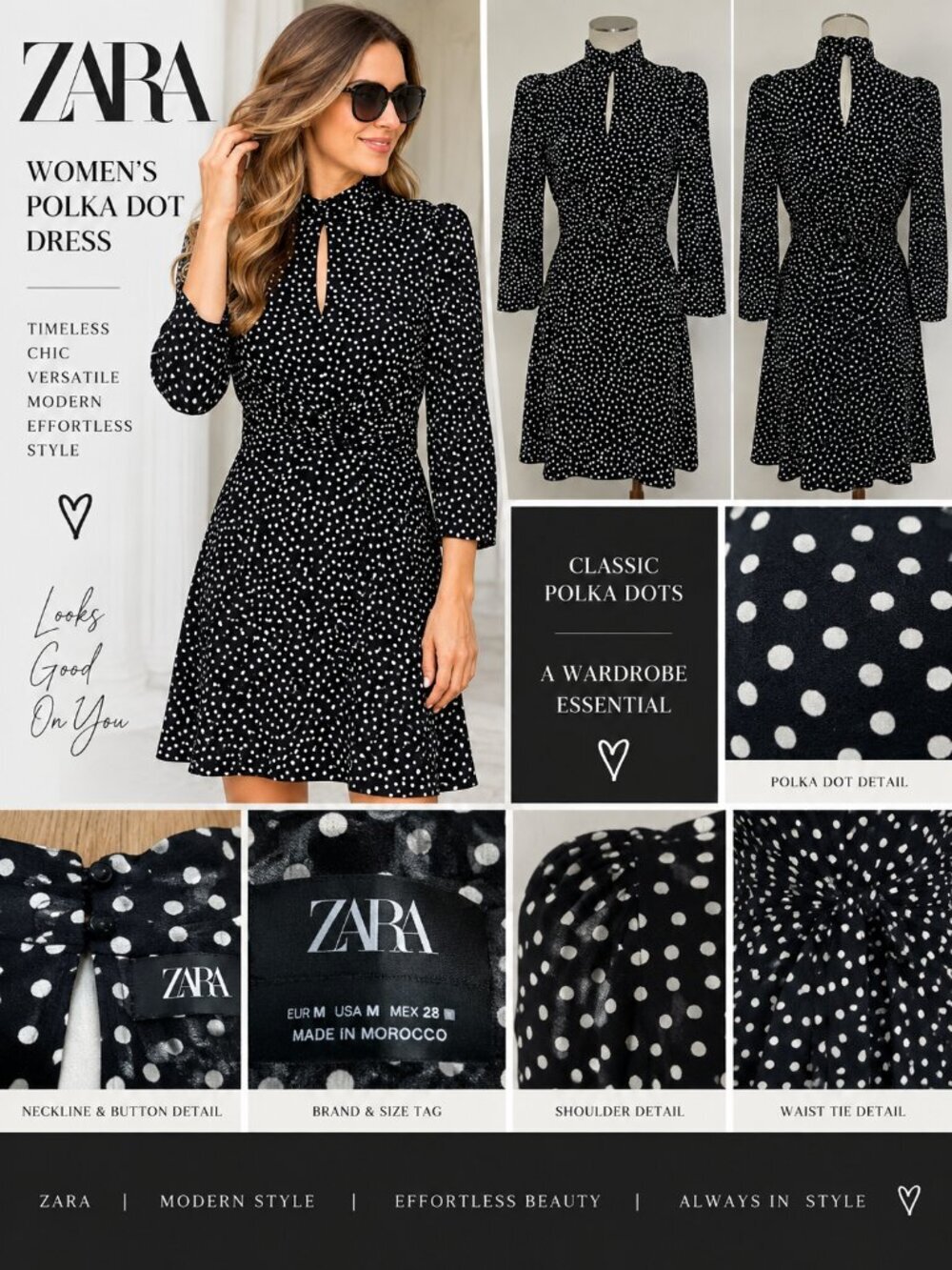 ZARA NWT Women’s M Black White Polka Dot Keyhole Tie Waist Dress $69.90